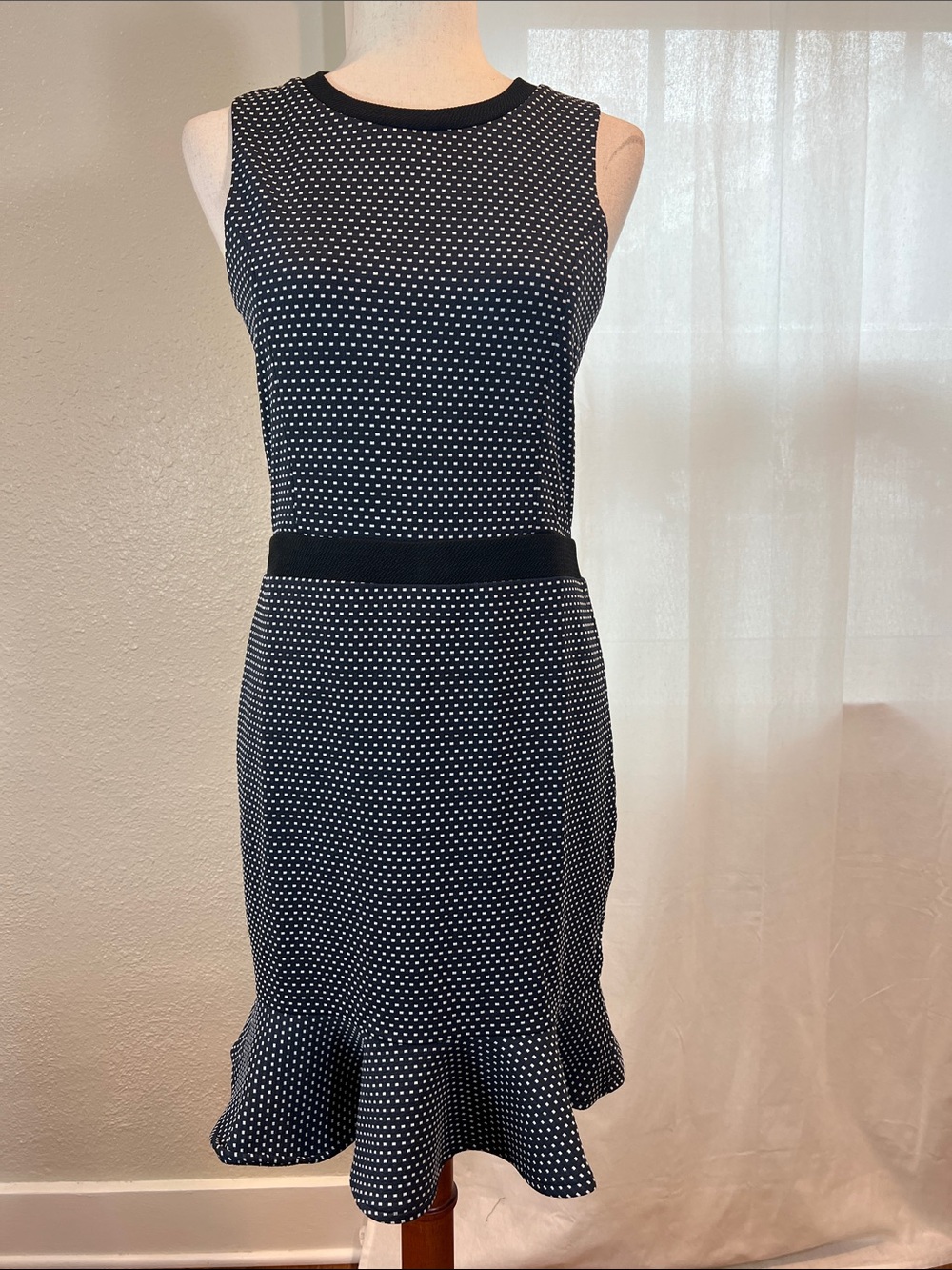 English Factory Navy and White Polka Dot Ruffle Hem Midi Dress. Size M. NWT